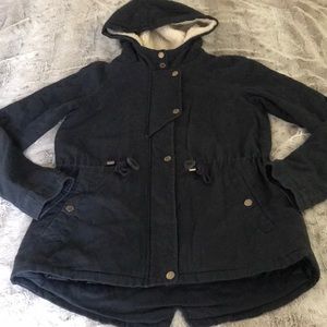 Charcoal grey faux fur lined Anorak S drawstring waist canvas & quilted lining🐏